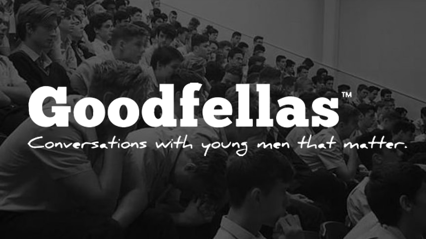 Goodfellas logo with an audience of high school boys in stadium seating in the background.