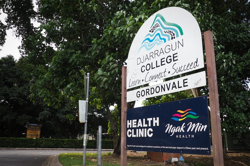 An entrance sign with name of school, Djarragun College, and its location, Gordonvale.