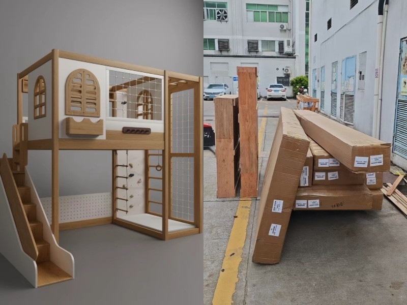 A cubby house before and after they were packed for shipping.