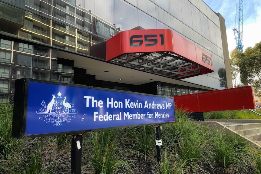 The sign outside the electorate office of federal MP Kevin Andrews.