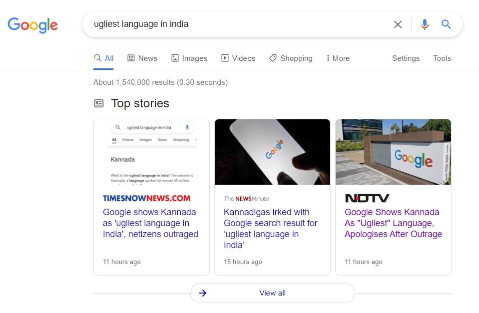 Une Page De Résultats De Recherche Google Affichant Des Articles D'Actualité Sur La Langue La Plus Laide En Inde.