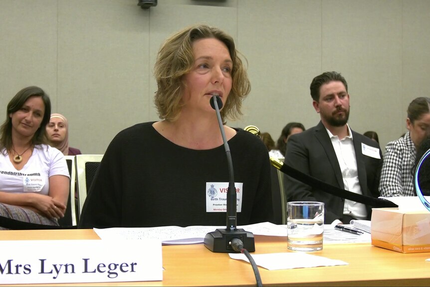 a woman named lyn leger gives evidence at a new south wales parliamentary inquiry into birth trauma