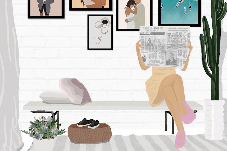 An illustration of a woman reading a newspaper in front of a variety of portraits on the wall behind her.