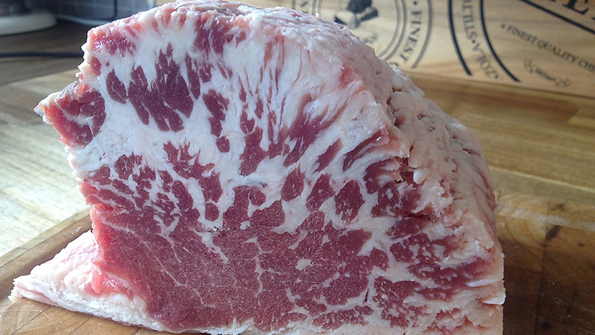 A cut of Brahman hump cut in profile to show the heavy marbling of fat through the meat.