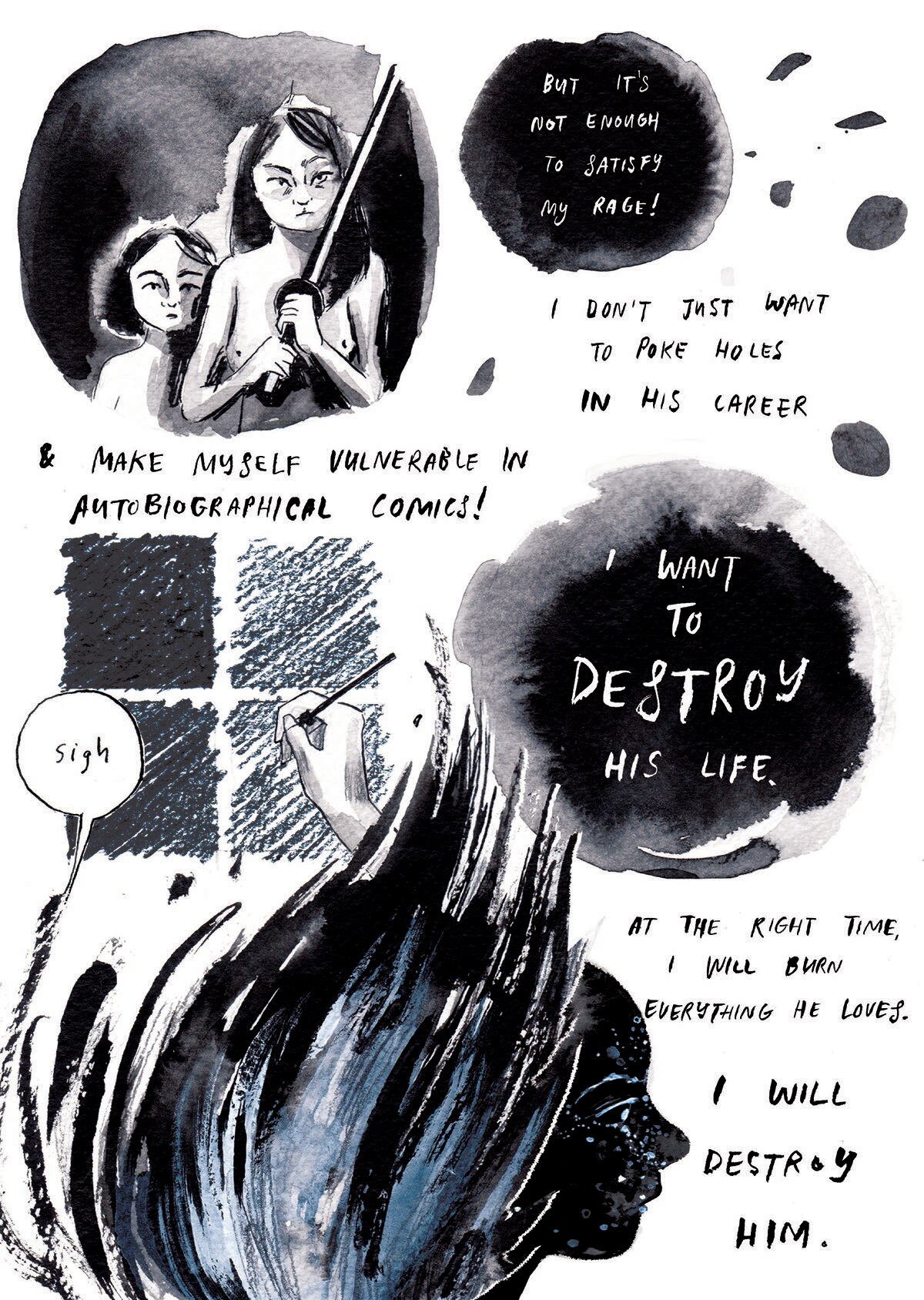 Excerpt from Destroy Everything You Touch comic by Rachel Ang and features water colour illustrations and figures on white paper