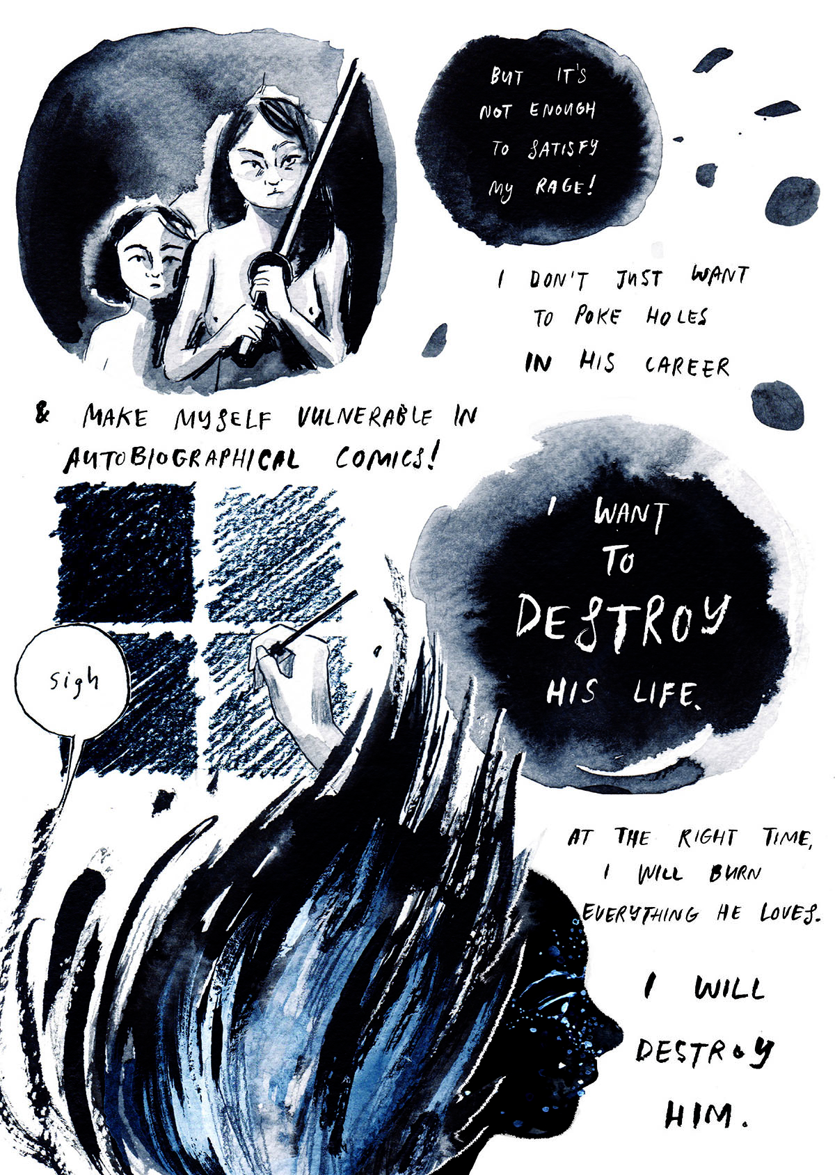 Excerpt from Destroy Everything You Touch comic by Rachel Ang and features water colour illustrations and figures on white paper