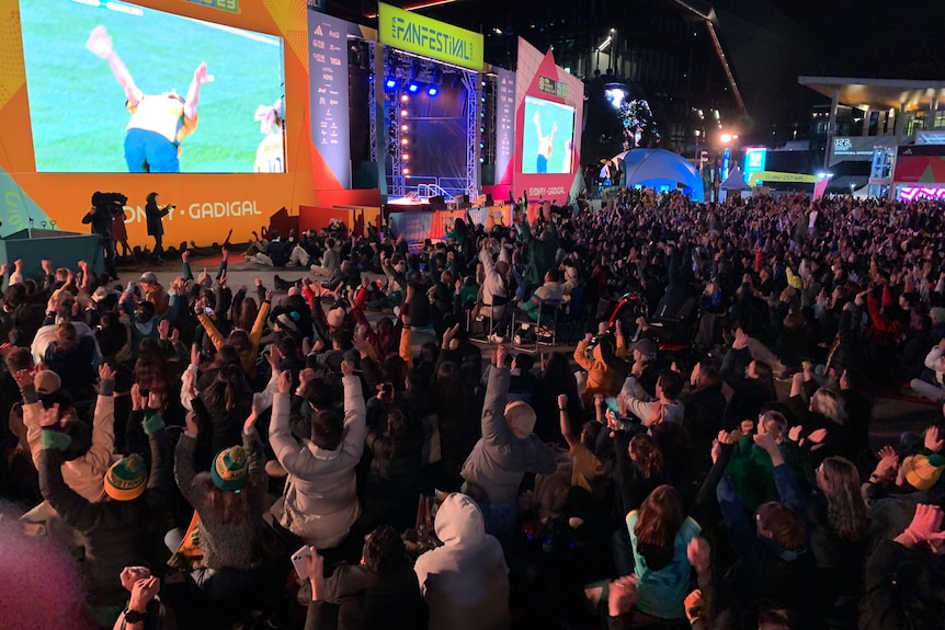 a crowd of football fans cheer and stand after a goal