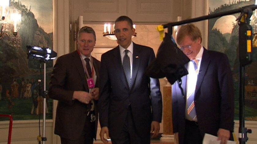 Kerry O'Brien and Michael Brissenden with Barack Obama