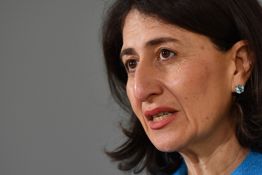 Close-up of Premier Gladys Berejiklian speaking.