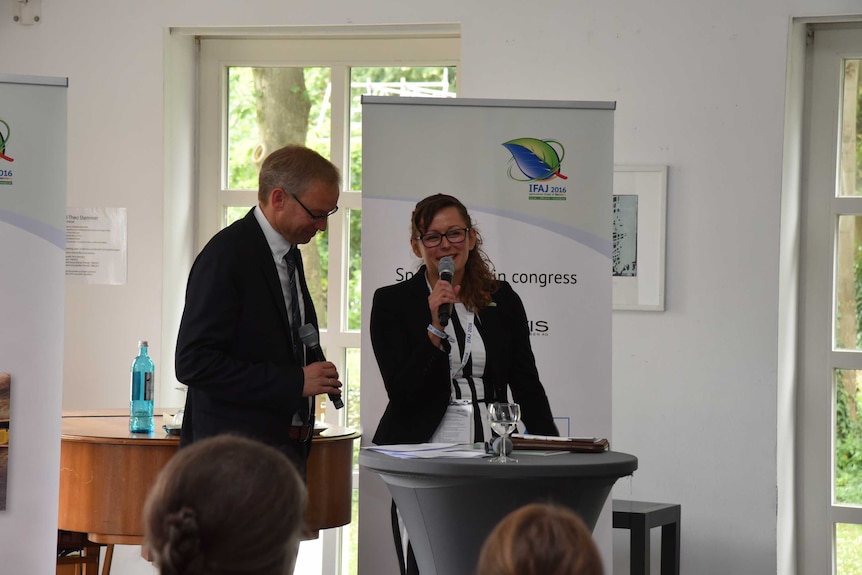 Farmer, Hanka Mittelstadt speaking on behalf of farmers at the International Federation of Agricultural Journalists, 2016 Congress in Bonn, Germany.