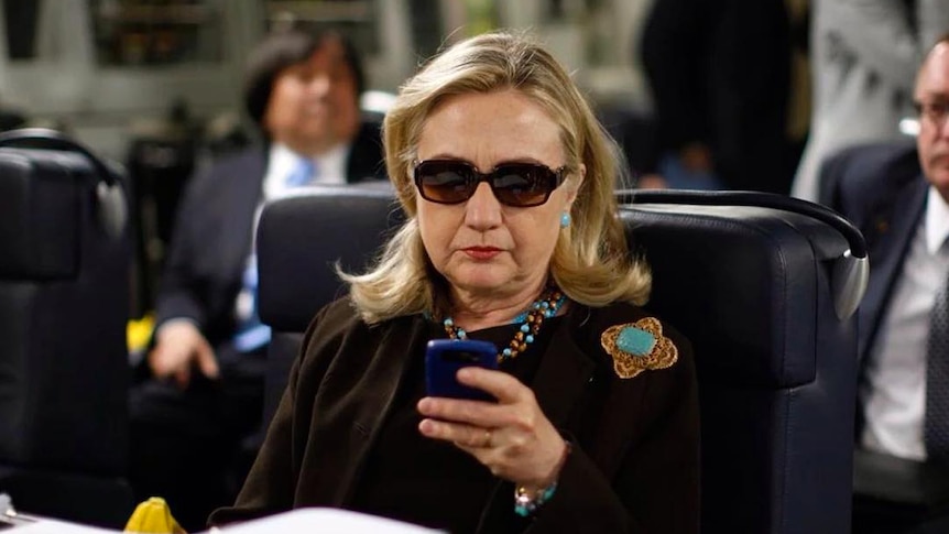 Hillary Clinton texting. When asked if she would run again in 2020, Clinton gave an ambiguous answer