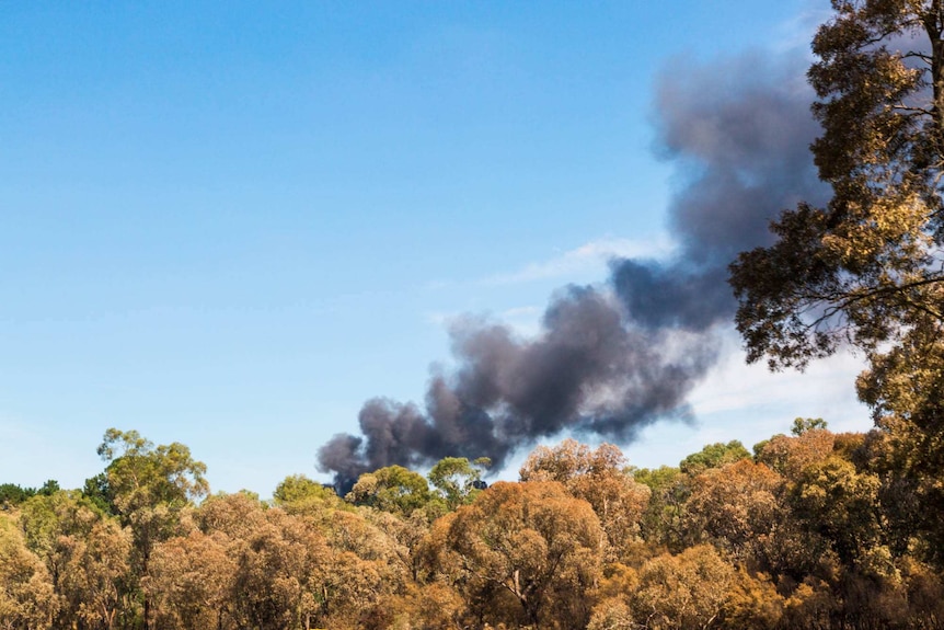 A black plume of smoke appears in the nearby bushland where the crews are working.