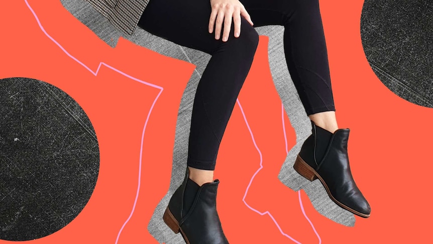 Photo of person wearing leggings and boots, with illustration.