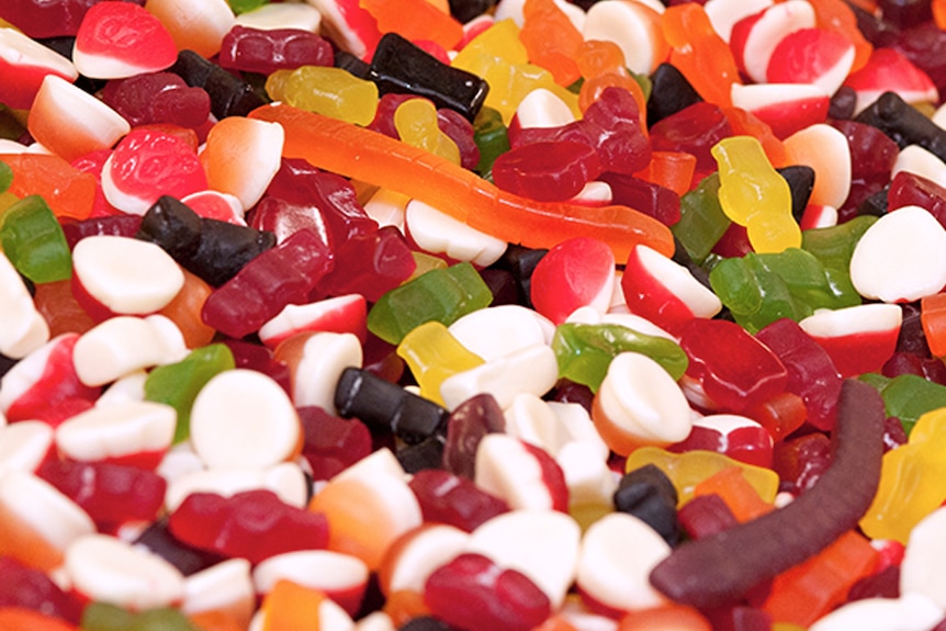 Selection of coloured gummy lollies.