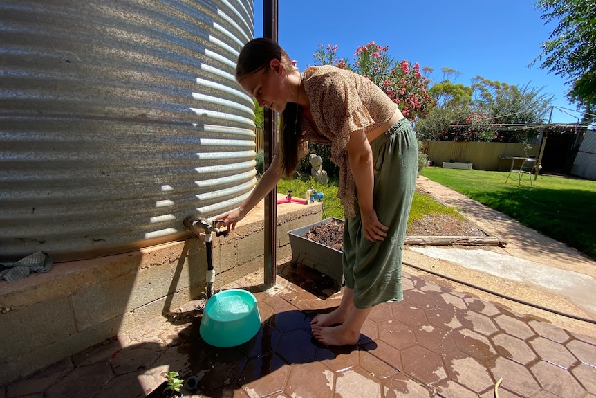 A white woman with brown hair filling up a dog's water bowl with clear water from a silver corrugated rainwater tank. 