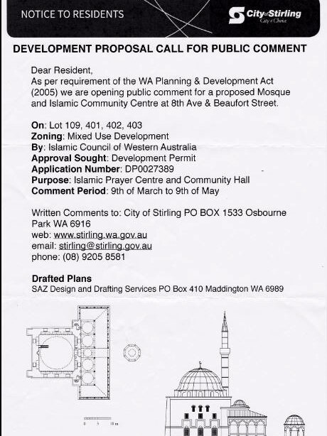 A flyer headed: Development proposal" on City of Stirling letterhead.