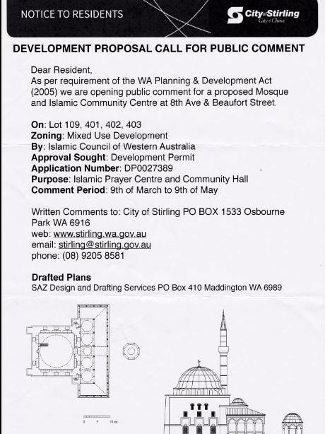 A flyer headed: Development proposal" on City of Stirling letterhead.