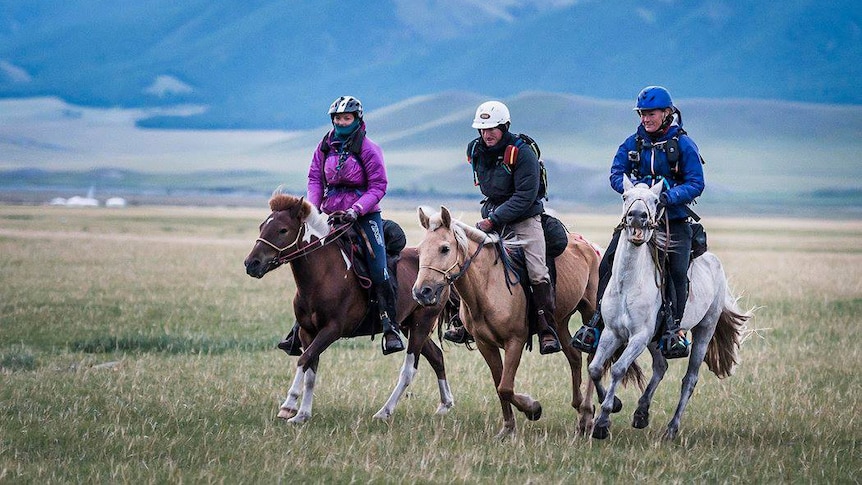 Three riders on horseback at the Mongol Derby