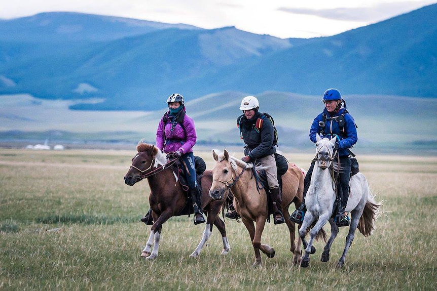 Three riders on horseback at the Mongol Derby