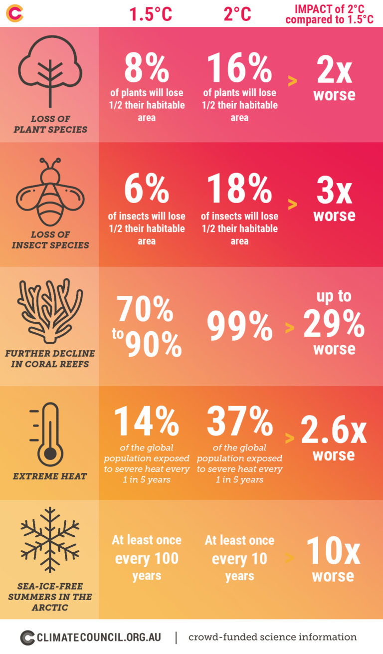 A graphic comparing some impacts at 1.5C and 2C.