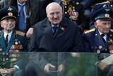 Belarusian President Alexander Lukashenko watches on during Russia's Victory Day parade.