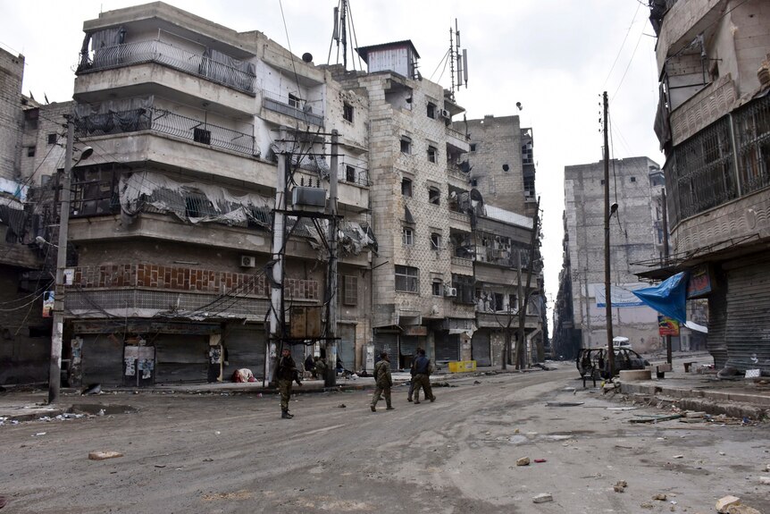 Empty streets and ruins in the al-Ansari district