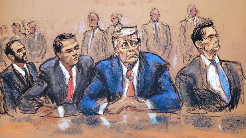 A court sketch depicts Donald Trump with his trademark coiffed blonde hair, blue suit and red tie, hands folded on a table 