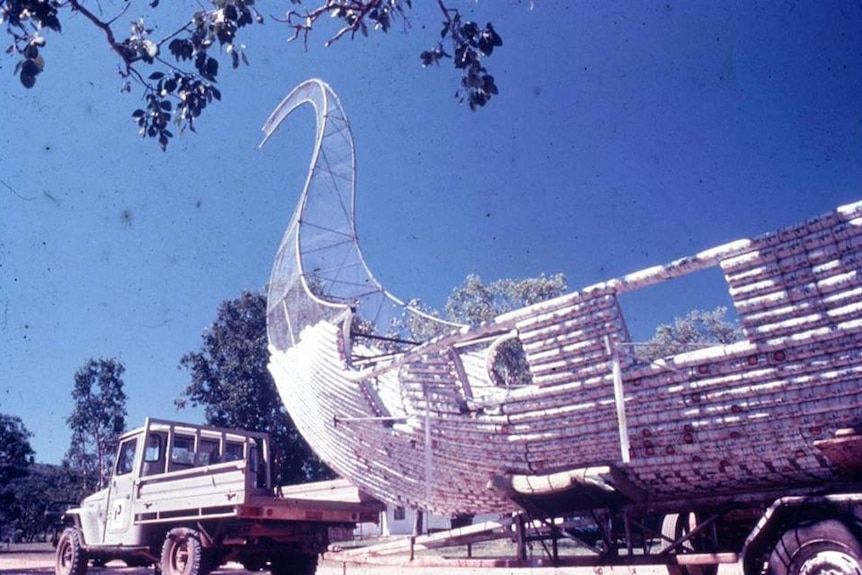 An undated photo of a beer can boat under construction for the Darwin regatta.