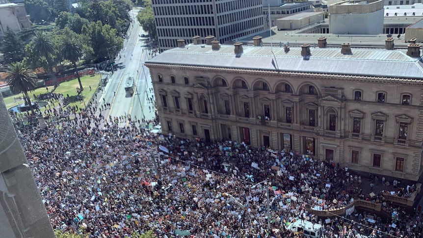 Thousands of people crowd into the street outside Victoria's Parliament House.