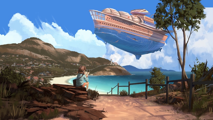 Artwork from the game Wayward Strand, depicting a beach where a young girl sits looking up at an airship.