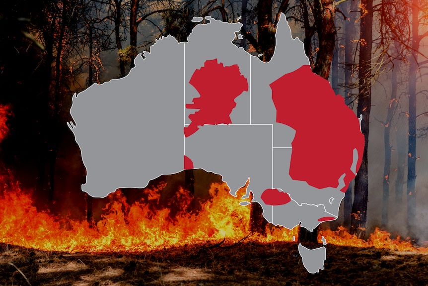 A map of Australia shows the areas likely to be impacted more severely by bushfires