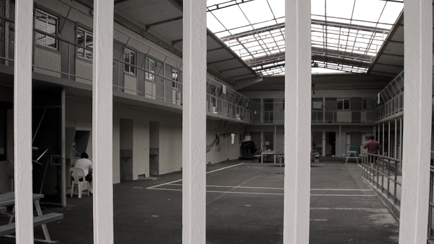 Risdon prison interior yard with unidentified inmates.