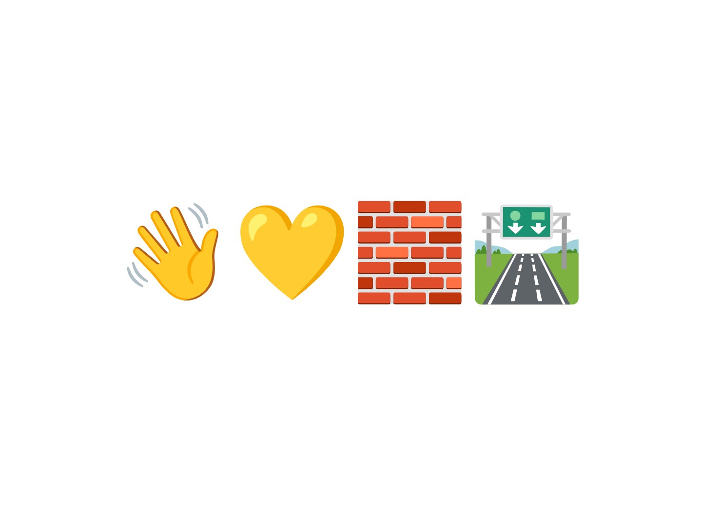 A waving hand emoji, yellow heart emoji, brick wall and motorway road emoji on a whit ebackground