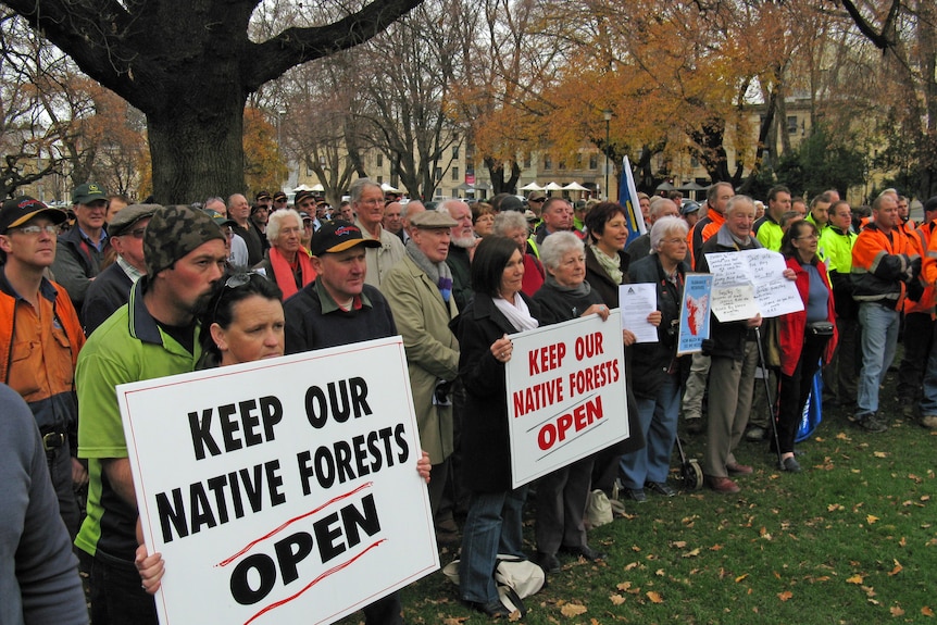 Timber workers demanding compensation for the loss of native timber contracts.