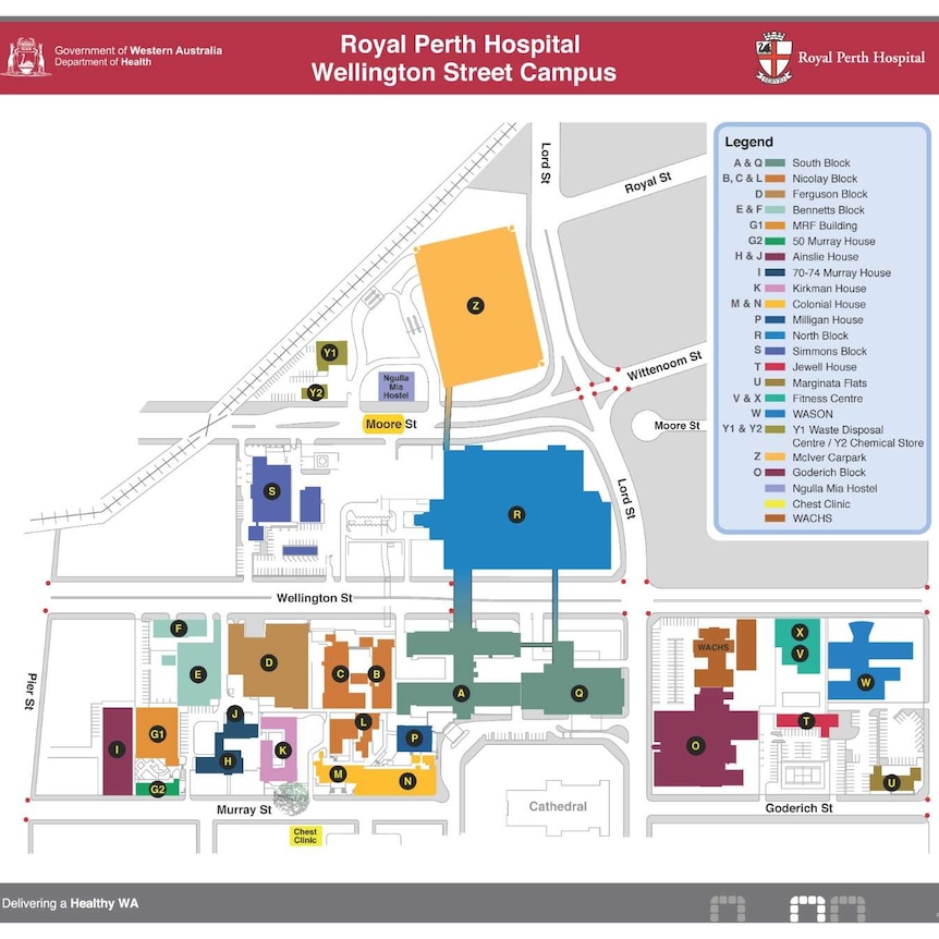 A colour map of the Royal Perth Hospital campus.