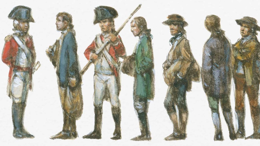 An illustration of convicts and soldiers with rifles standing against a white background