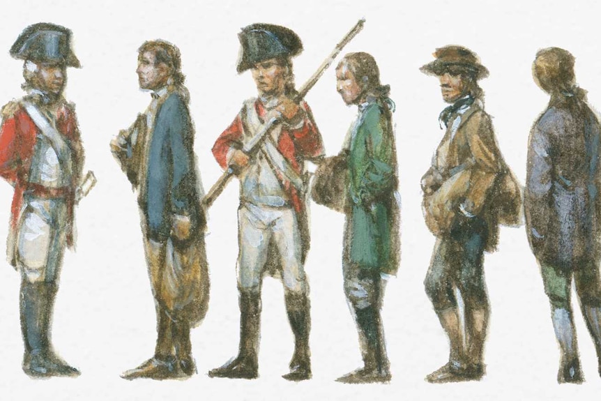 An illustration of convicts and soldiers with rifles standing against a white background