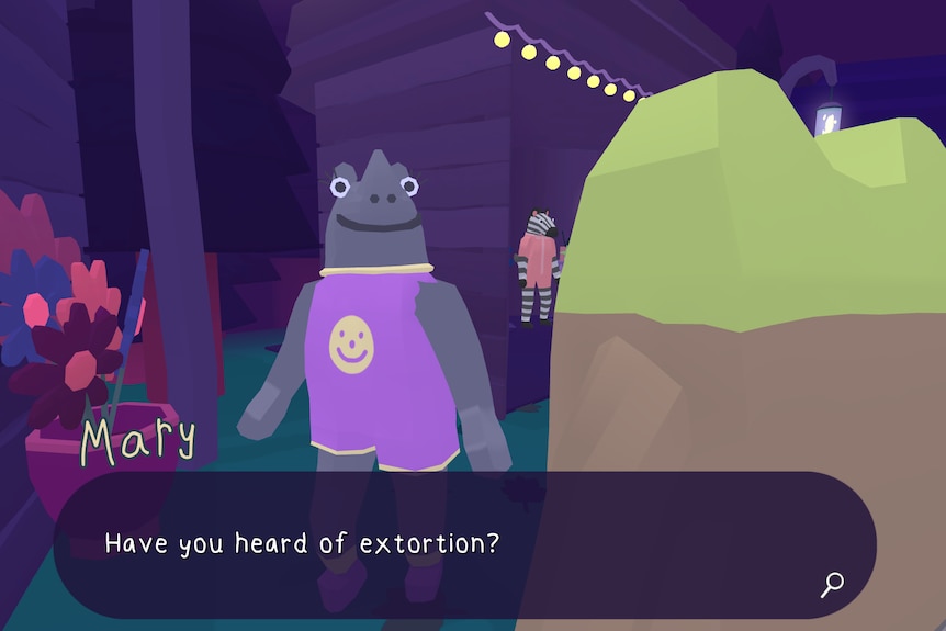An animation of a human-rhinoceros in a purple outfit with a smiley face, dialogue under her reads: Have you heard of extortion?