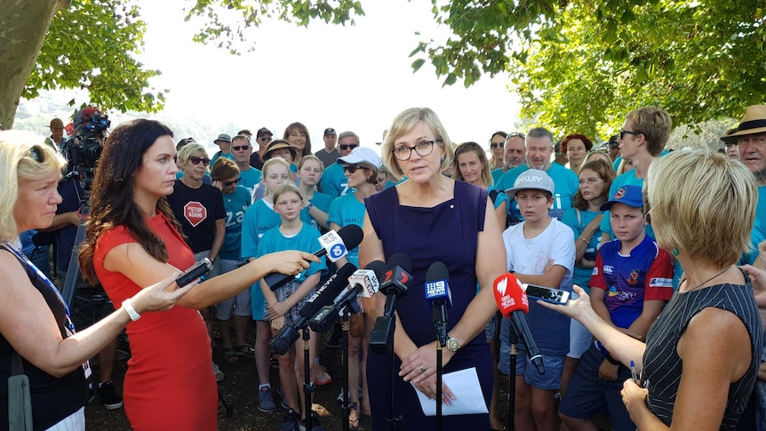 Zali Steggall speaks in front of journalists at a press conference in a park.