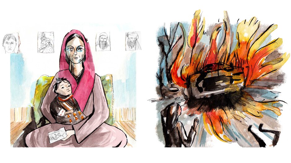 Left: An illustration of a woman holding a child and a photo of a deceased relative. Right: Flames pour from a burning car.