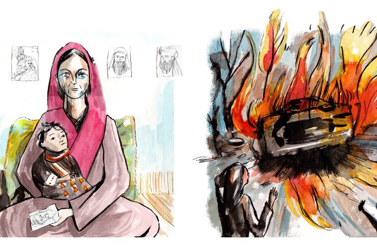 Picture of Aarif, An Afghan woman. Sitting with her baby and photos of dead family members killed in drone attack. Car in flames