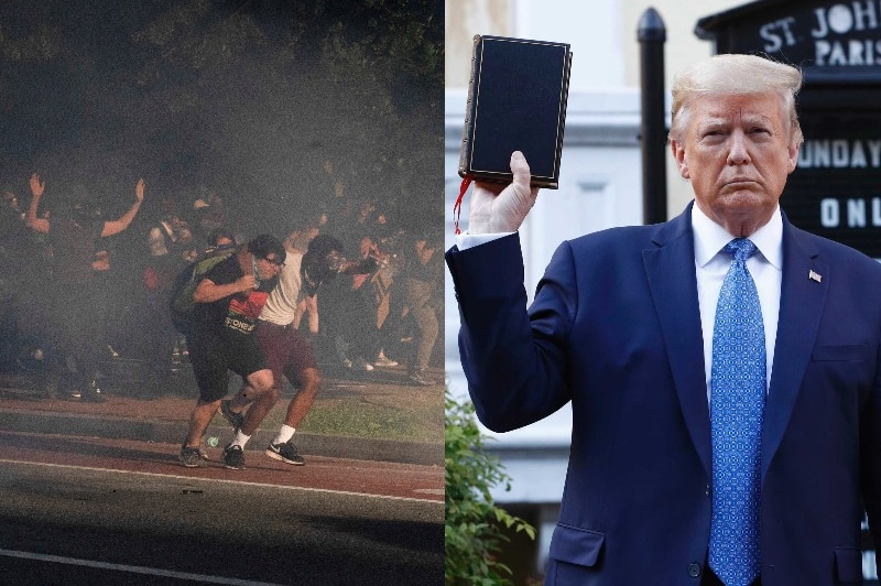 Left: Two men run from a cloud of tear gas. Right: Donald Trump stands holding a bible