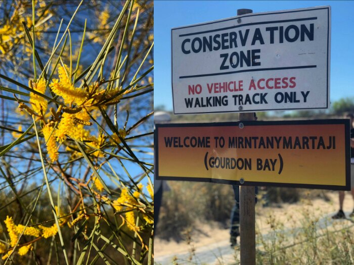 Composite image of flowers and sign