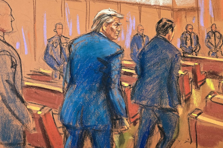 A sketch of Donald Trump walking into a courtroom. He is wearing a blue suit. He is frowning.