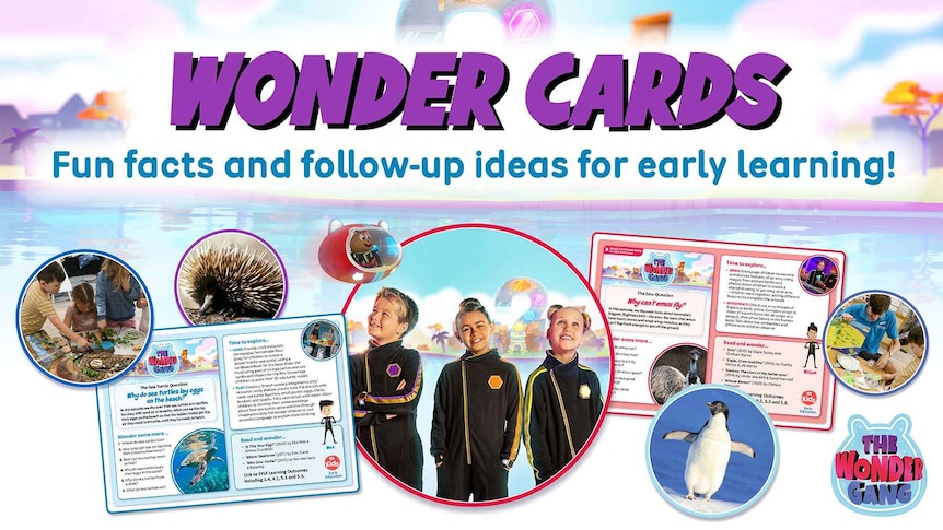 Image of The Wonder Gang and Wonder Cards PDFs with the text "Wonder Cards Fun facts and follow-up ideas for early learning!"