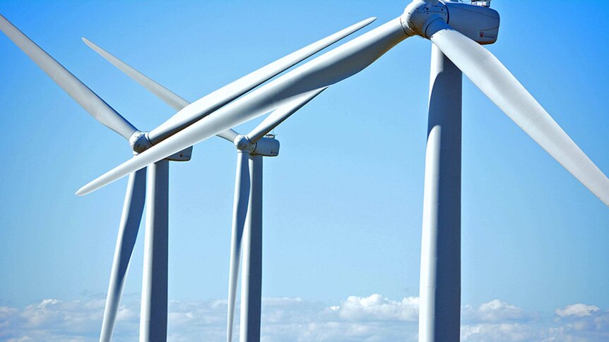 Wind farm turbines.