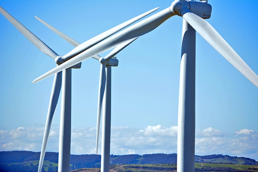 Wind farm turbines.