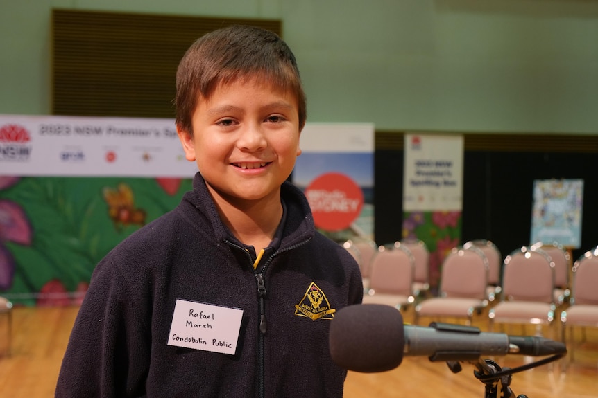 A young boy smiling standing next to a microphone