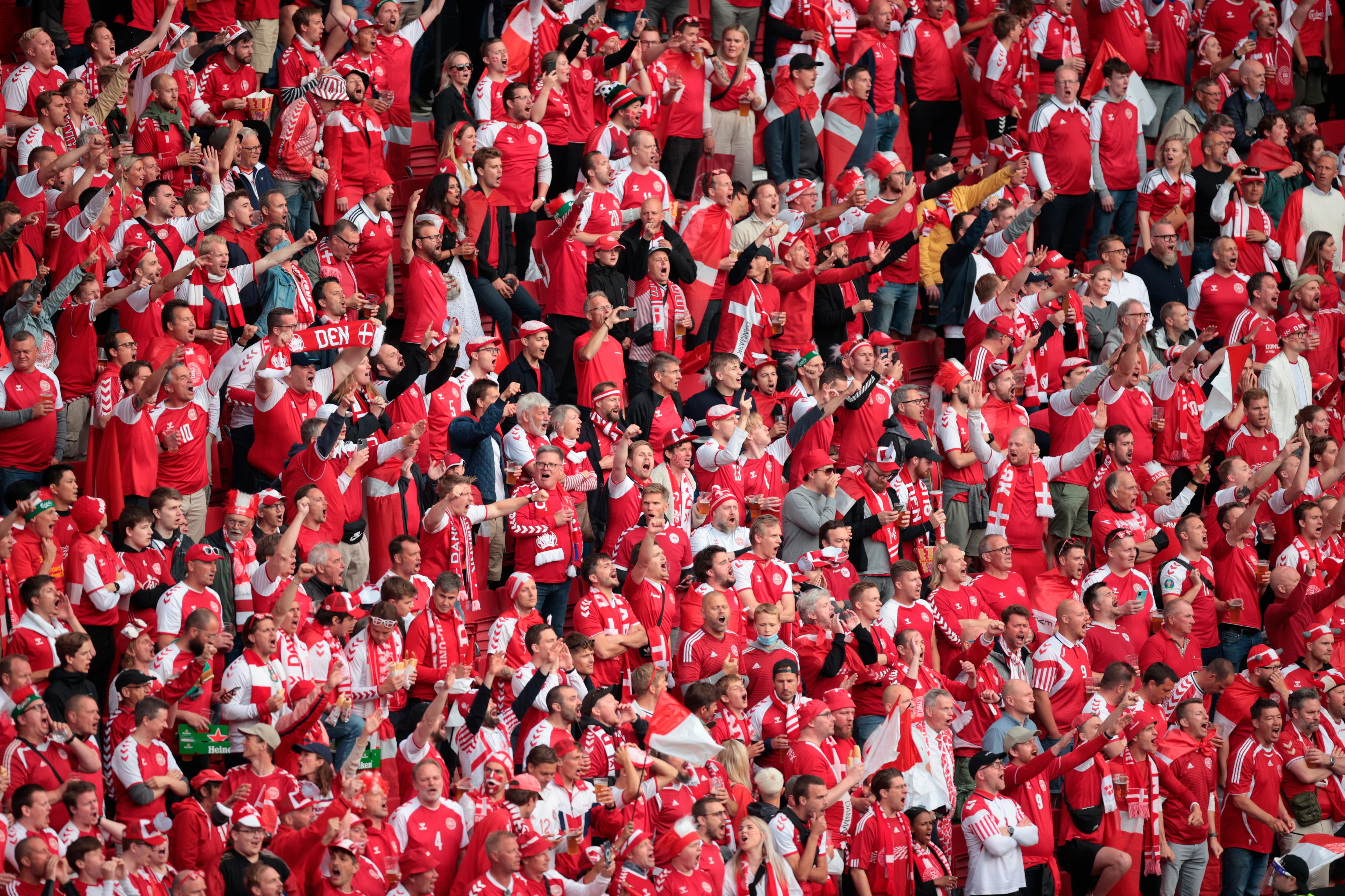 Rows and rows of Danish fans wait for the start of their Euro 2020 match against Russia.