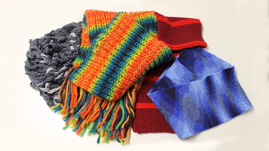 Scarves knitted by staff and students at the ANU for new students arriving in winter.